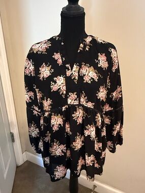 miami Black Floral Tunic with Pink Rose Print